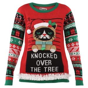 No Boundaries Grumpy Cat "Knocked Over The Tree" ugly Christmas sweater